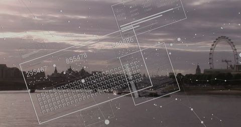 Translucent digital interface over river thames and london eye skyline