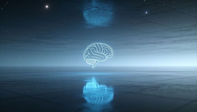 Holographic neon brain levitating over futuristic tiled grid with cyan reflection