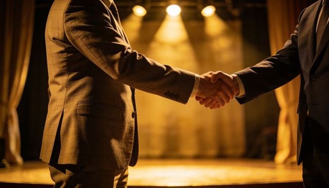 Shaking hands under warm stage spotlights showing formal business partnership agreement