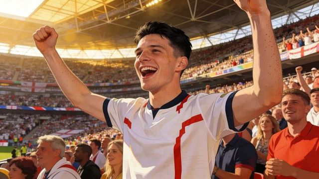 Ecstatic england football fan cheering in stadium wearing white jersey raising arms
