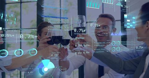 Business team toasting with wine and augmented financial dashboards celebrating deal