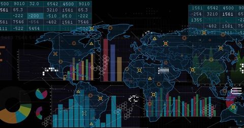 Global data analytics dashboard displaying neon world map with multicolor bar charts