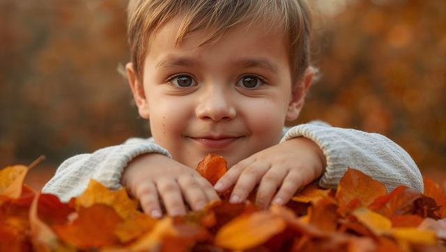 Smiling child leaning over autumn leaf pile holding orange leaf closeup fall portrait