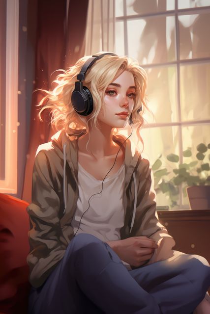 Blonde woman with curly hair sitting near a window and listening to music on headphones. Sunlight illuminates the room, plants in background. Suitable for depicting relaxation, leisure activities, music enjoyment, or cozy indoor atmosphere.