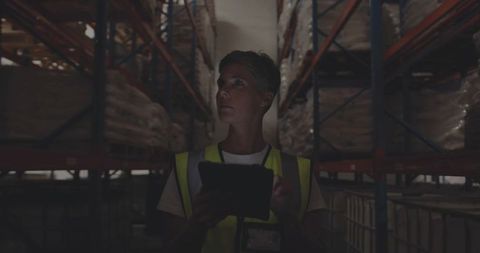 Worker Using Tablet in Warehouse for Inventory Check