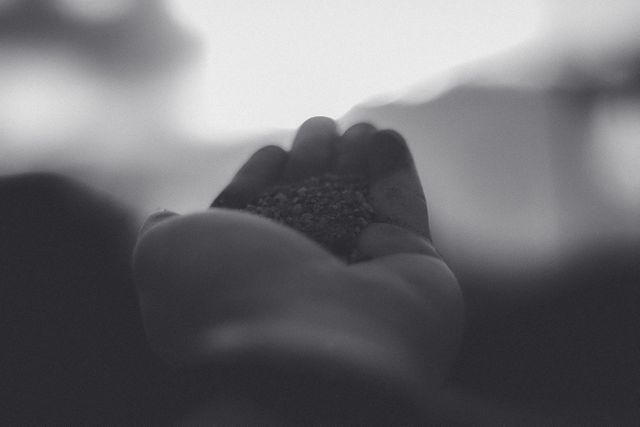 Close-up of open hand holding small amount of soil in sunlight. Perfect for themes related to nature, gardening, sustainability, and nurturing. Monochrome filter adds a dramatic and artistic flair, suitable for inspirational content or earthy aesthetics.