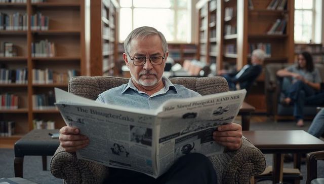 Senior man reading newspaper in library armchair, wearing glasses and blue shirt, daylight