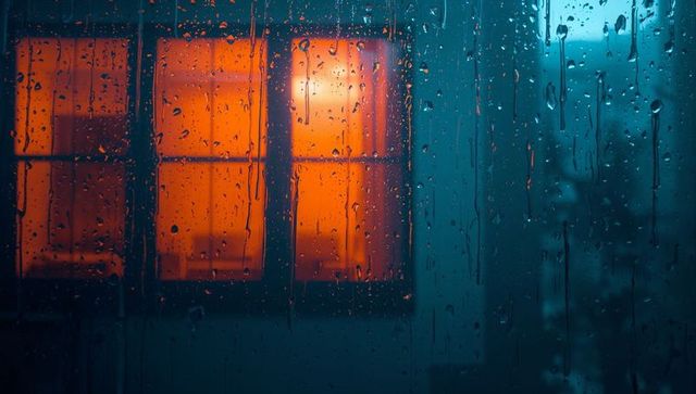 Serene Rain Droplets on Glass Illuminated by Warm Light