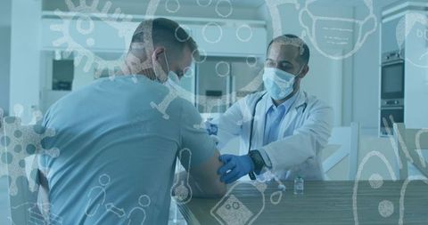 Doctor giving covid-19 vaccination with medical illustrations overlay