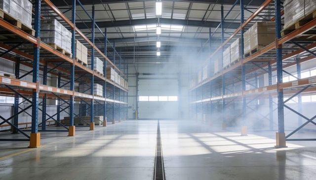 Empty industrial warehouse aisle showcasing pallet racking, stacked boxes, sunlit haze
