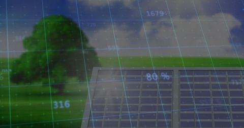 Solar Panels in Green Field with Digital Grid Overlay