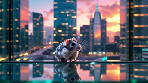 Hamster on glass ledge with skyscrapers at dusk