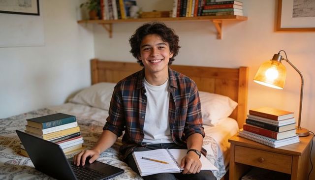 Smiling teenage student studying on bed with laptop, notebooks and warm bedside lamp