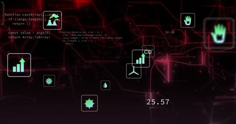 Floating Neon-Green Tech Icons Over Maroon Network Dashboard for Data Analytics Trends
