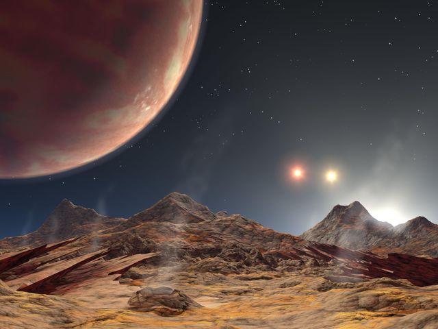 This visualization presents a stunning view from a hypothetical moon orbiting the gas giant HD 188553 Ab in a triple-star system. Ideal for use in astronomical presentations, science fiction concepts, and educational material about exoplanets and cosmic environments.