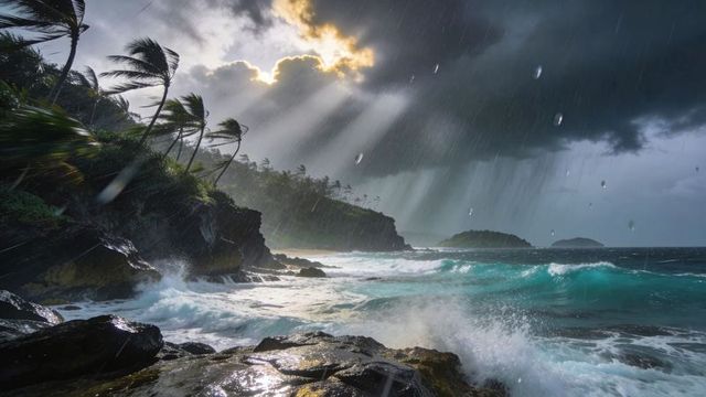 Stormy tropical coastline with palms bending, turquoise waves crashing, sunbeams breaking