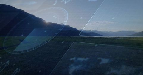 Backlit Mountain Valley with Digital HUD Overlay for Augmented Reality, Tech and Nature