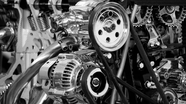 Detailed close-up view of a car engine showcasing intricate gear and metal components in black and white. This detailed image can be used for automotive industry websites, engineering workshops, technology presentations, and educational materials focusing on mechanical engineering and car maintenance.
