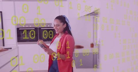 Technology and Lifestyle: Woman in Kitchen with Binary Data Overlay
