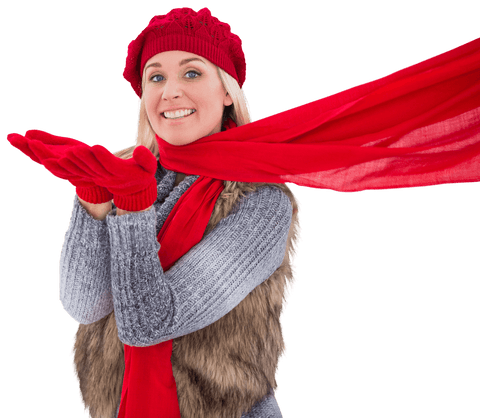 Blonde Woman in Winter Wear Blowing a Kiss on Transparent Background