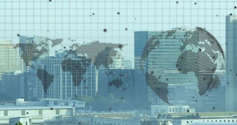 Dotted world map decal on office window overlaying urban skyline for global business