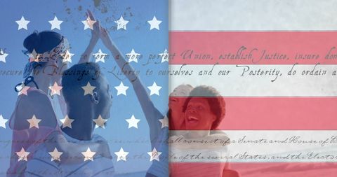 Diverse Friends Celebrating with USA Flag Overlay