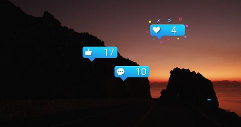 Social Media Engagement Icons in Dramatic Sunset Landscape