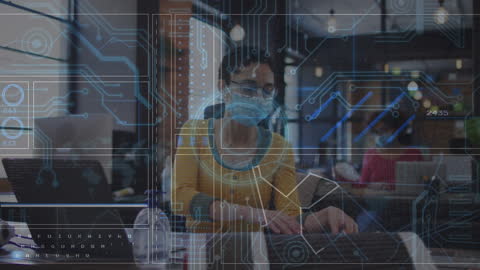 Businesswoman Analyzing Data with Digital Interface Overlay in Modern Office