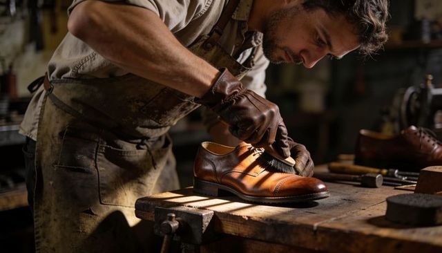 Cobbler polishing handcrafted oxford shoe rustic workbench showing leather craftsmanship