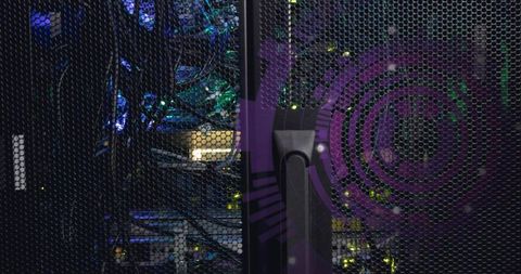 Server rack with perforated mesh door and purple decal, network cables and led indicators