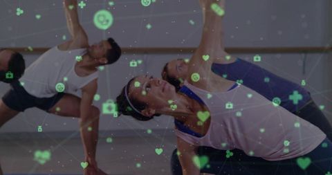 Group Stretching and Yoga Class Displaying Fitness Data Overlay and Wellness Metrics