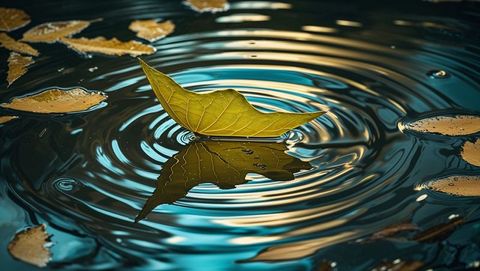 Reflective ripple effect from floating yellow leaf on tranquil water