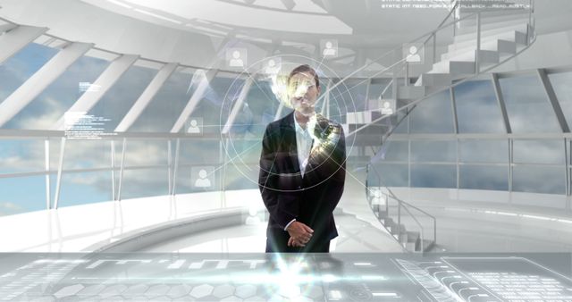 Businessman in Futuristic Virtual Reality Interface - Download Free Stock Images Pikwizard.com