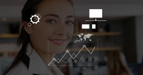 Smiling businesswoman presenting analytics dashboard with growth chart and world map overlay