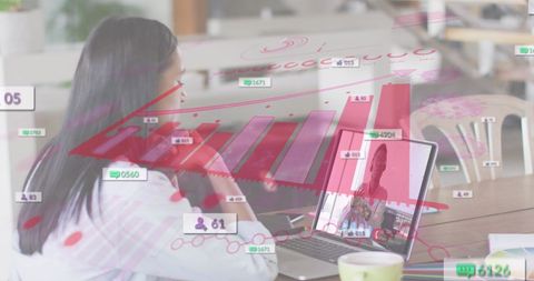 Biracial Woman Engaging in Video Call with Social Media Analytics Overlay
