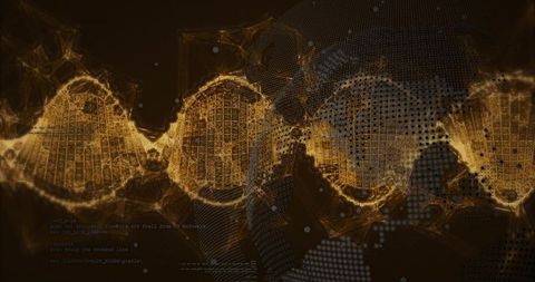 Futuristic Golden DNA and Globe in Digital Data Network