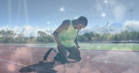 Teenage Para-Athlete Adjusting Prosthetic on Track with Futuristic Digital Overlay