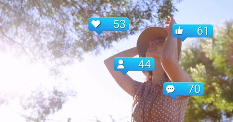 Young Woman Enjoying Nature with Social Media Engagement Icons