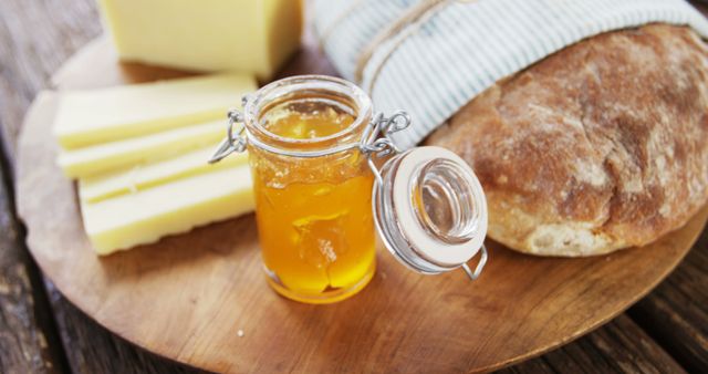 Rustic bread next to cheese slices and honey in jar displayed on wooden platter. Ideal for food blogs, culinary magazines, and advertisements promoting traditional or organic foods. Perfect for illustrating recipes, rural dining, homemade meals, and farm-to-table concepts.