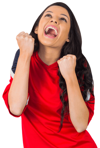 Joyful female fan celebrating sports victory in transparent background
