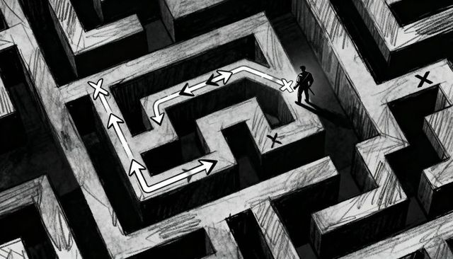 Male silhouette standing at labyrinth junction with directional arrows mapping route and dead-end ma