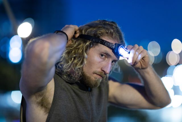 Front view of a fit Caucasian man with long blonde hair wearing sportswear exercising outdoors in the city at the evening, standing and putting on head light.
