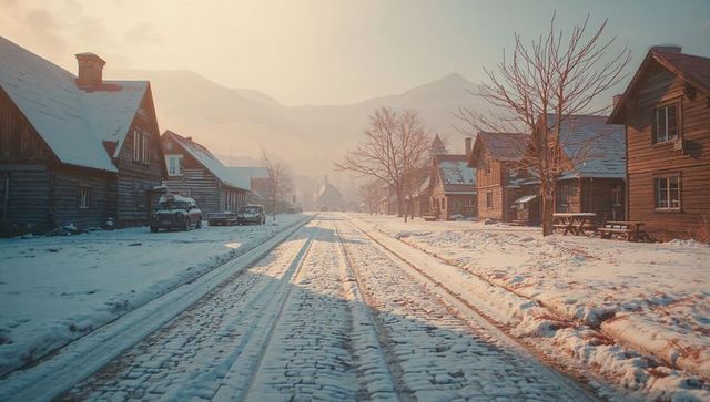 Snowy Rails on Cobblestone Street in Serene Winter Village at Dawn