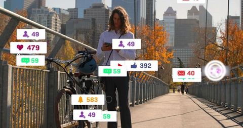 Urban commuter checking phone on bridge with bicycle, floating social media notifications