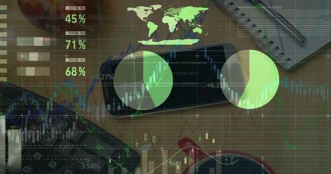 This scene combines images of office equipment with digital financial data, showing charts, graphs, and analysis indicators projected on a desk with a mobile device, notepad, and a calculator. It represents the merging of traditional office tools with modern data analytics technologies, perfect for illustrating evolving finance industries, business strategies, tech-infused workplaces, or open financial resources research projects.