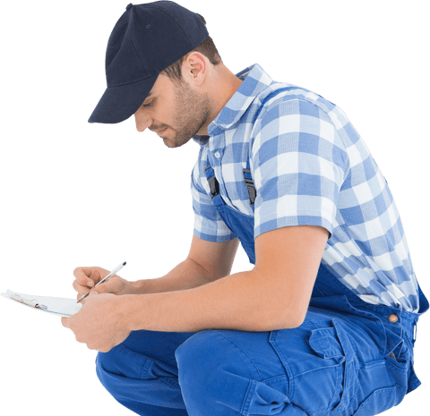 transparent crouching handyman checking clipboard - Download Free Stock Videos Pikwizard.com