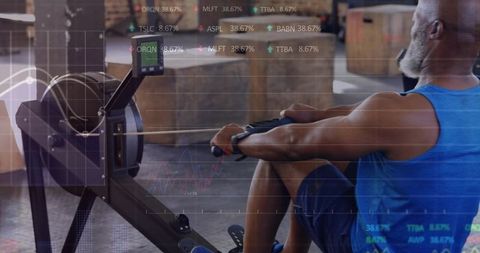 Man Rowing on Ergometer with Stock Market Overlay in Gym