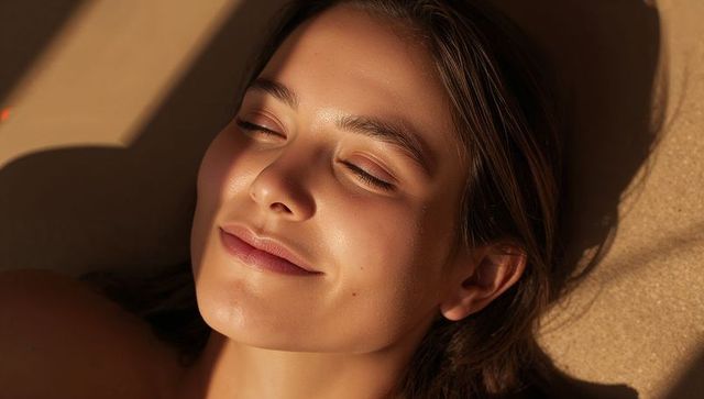 Young woman soaking warm sunlight on sand, relaxing with closed eyes and soft smile