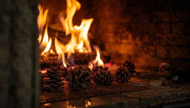 Glowing pinecones on stone hearth with crackling fire and rustic brick fireplace warmth