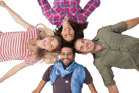 Diversely dressed friends smiling in transparent circular group